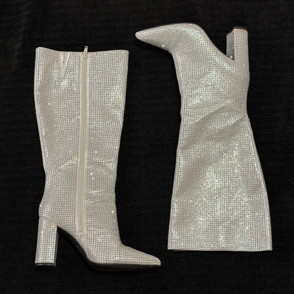 Mix No. 6 Silver Crystal Knee-High Block Heel Boots